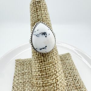 Southwestern White Stone Black Matrix Teardrop Ring Silver Tone Boho Southwester